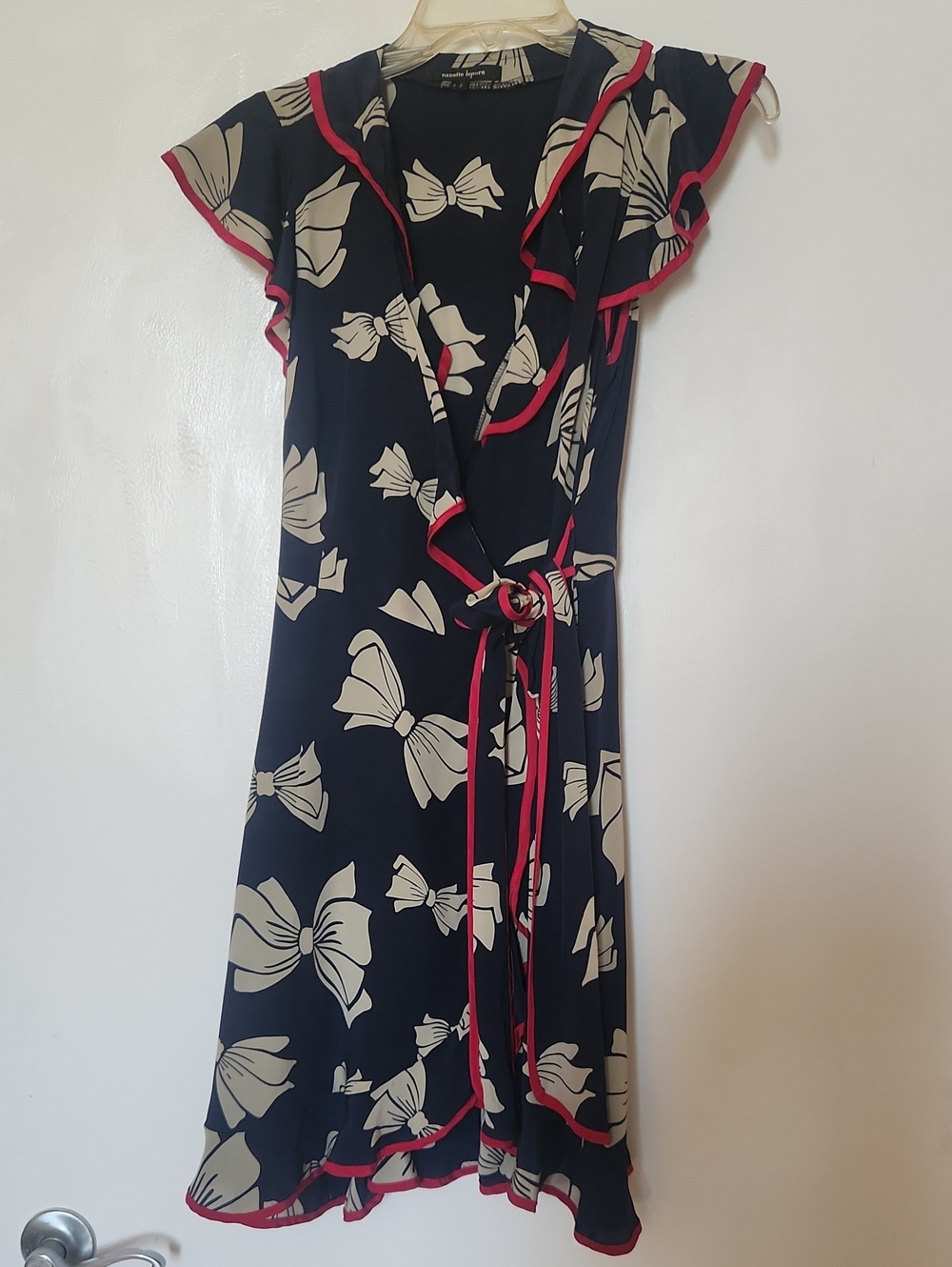 Nanette Lepore Navy Mini Wrap Dress with Cream Bows and Pink Trim